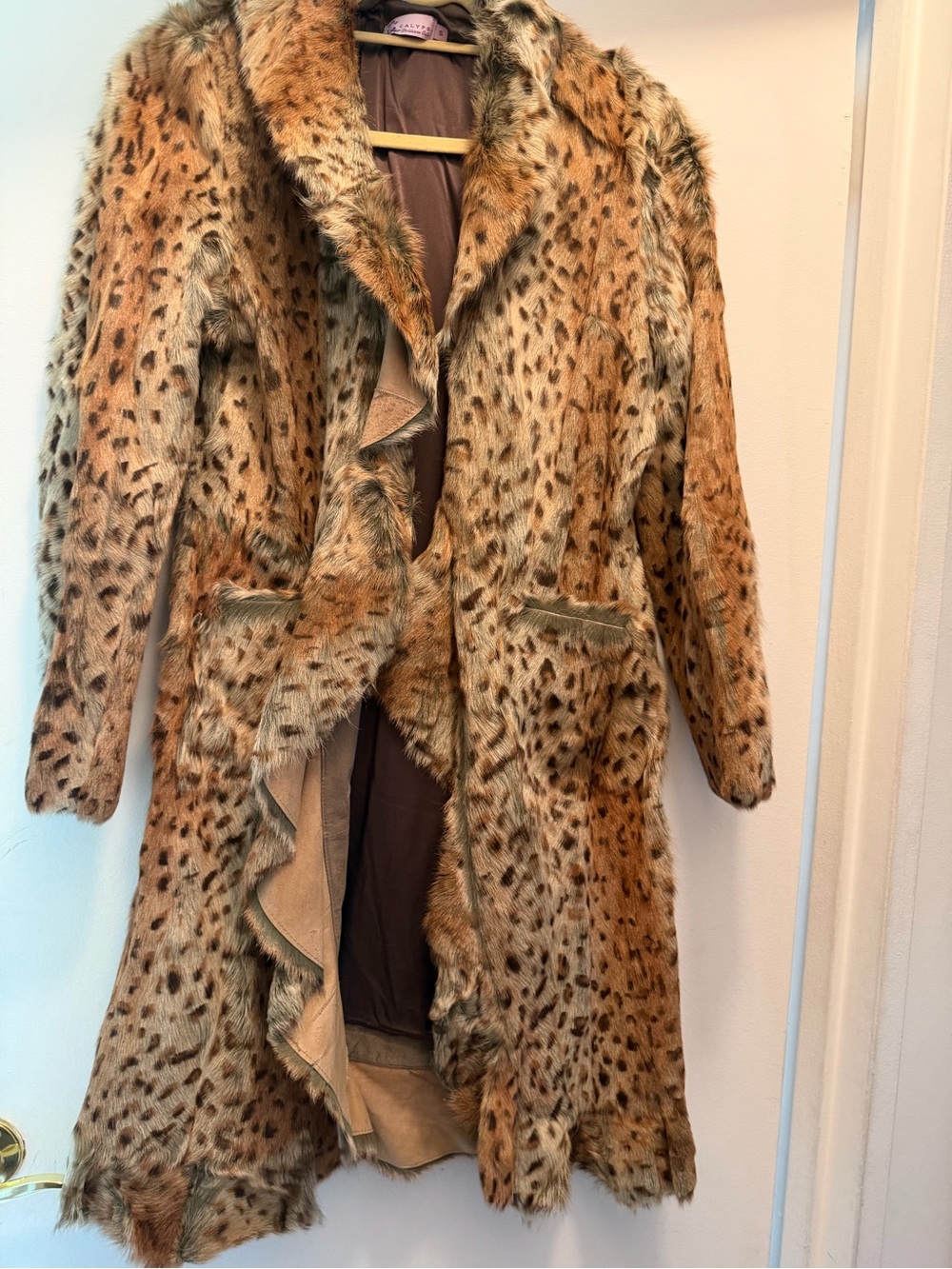 Fur Leopard Print Long Coat - Tan/Brown